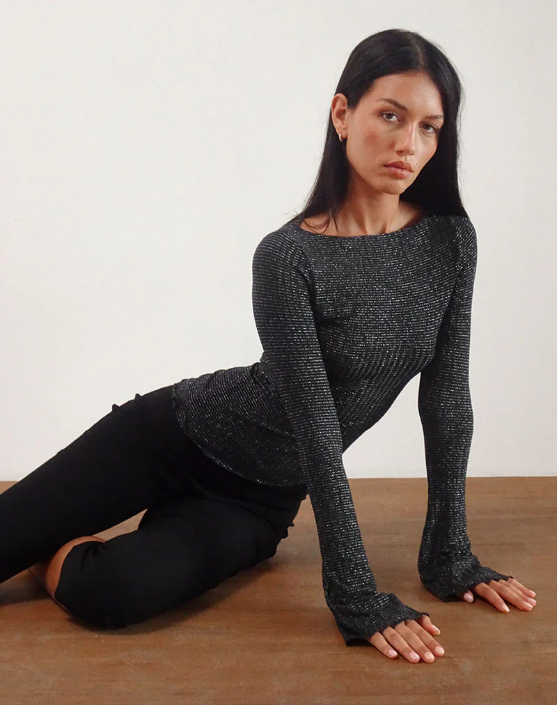 Lukia Langarm-Top aus metallisch gestreiftem Jersey Schwarz - Image 3