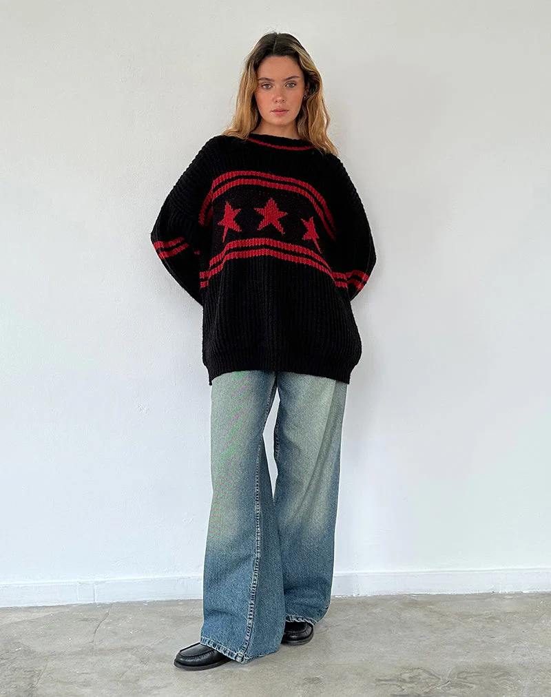 Lulees Oversized-Pullover in Schwarz mit rotem Stern und Streifen - Image 5