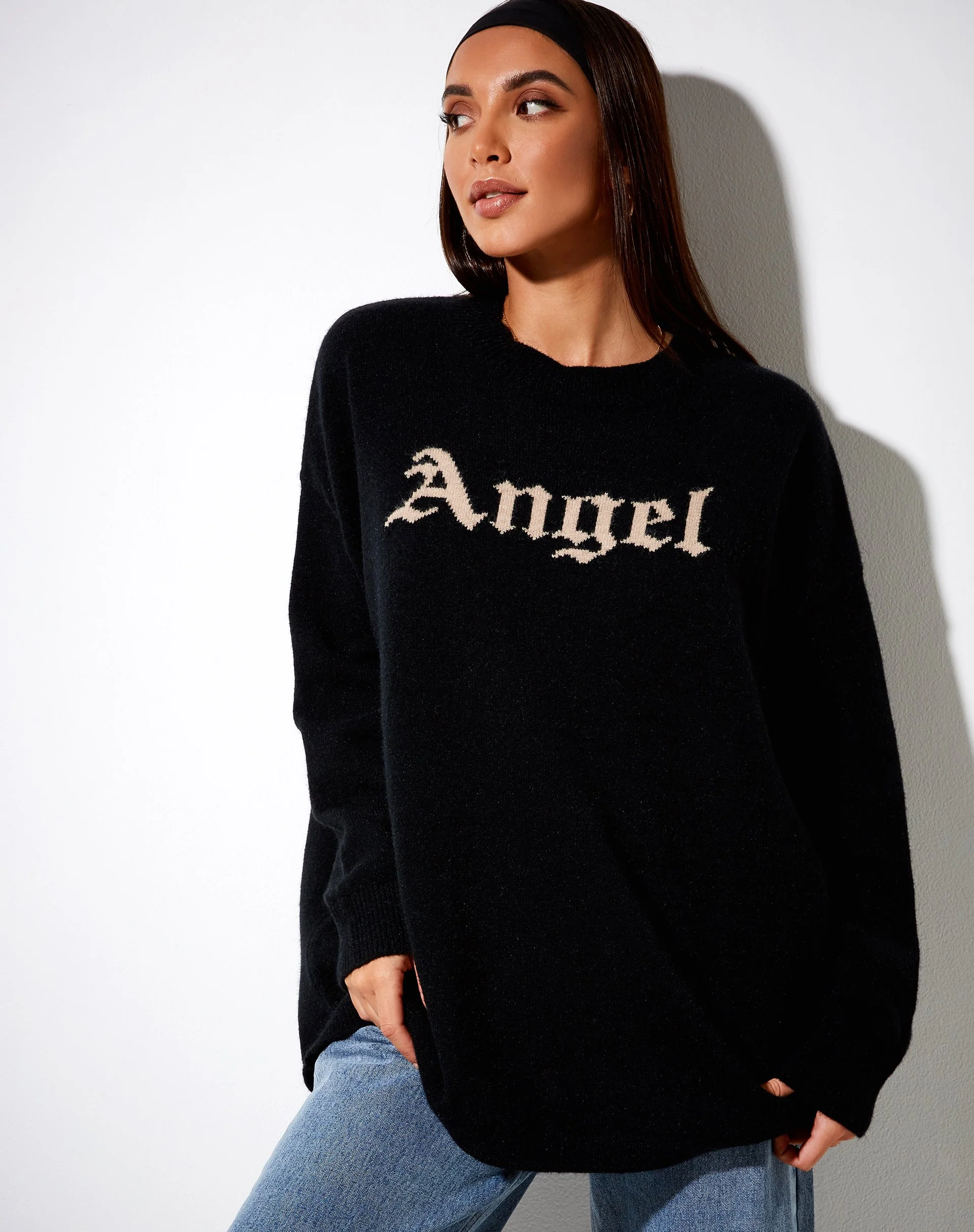 Lulees Pullover aus schwarzem Strick mit 'Angel' in Creme - Image 2
