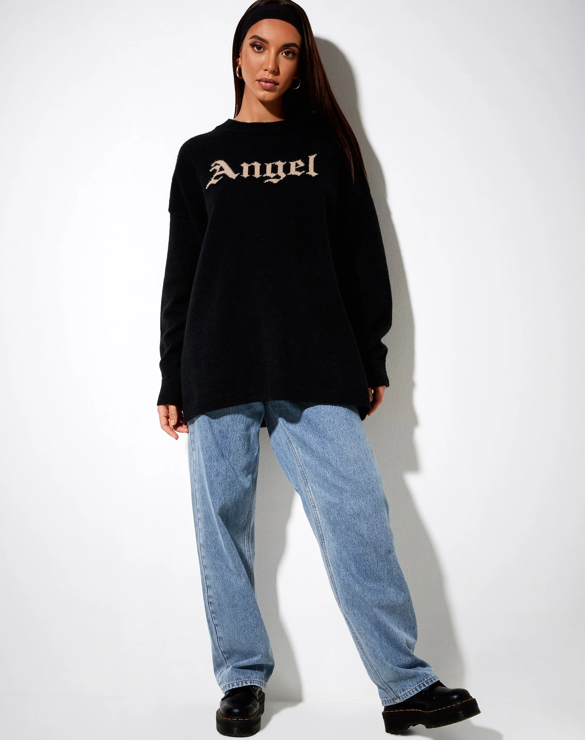 Lulees Pullover aus schwarzem Strick mit 'Angel' in Creme - Image 3
