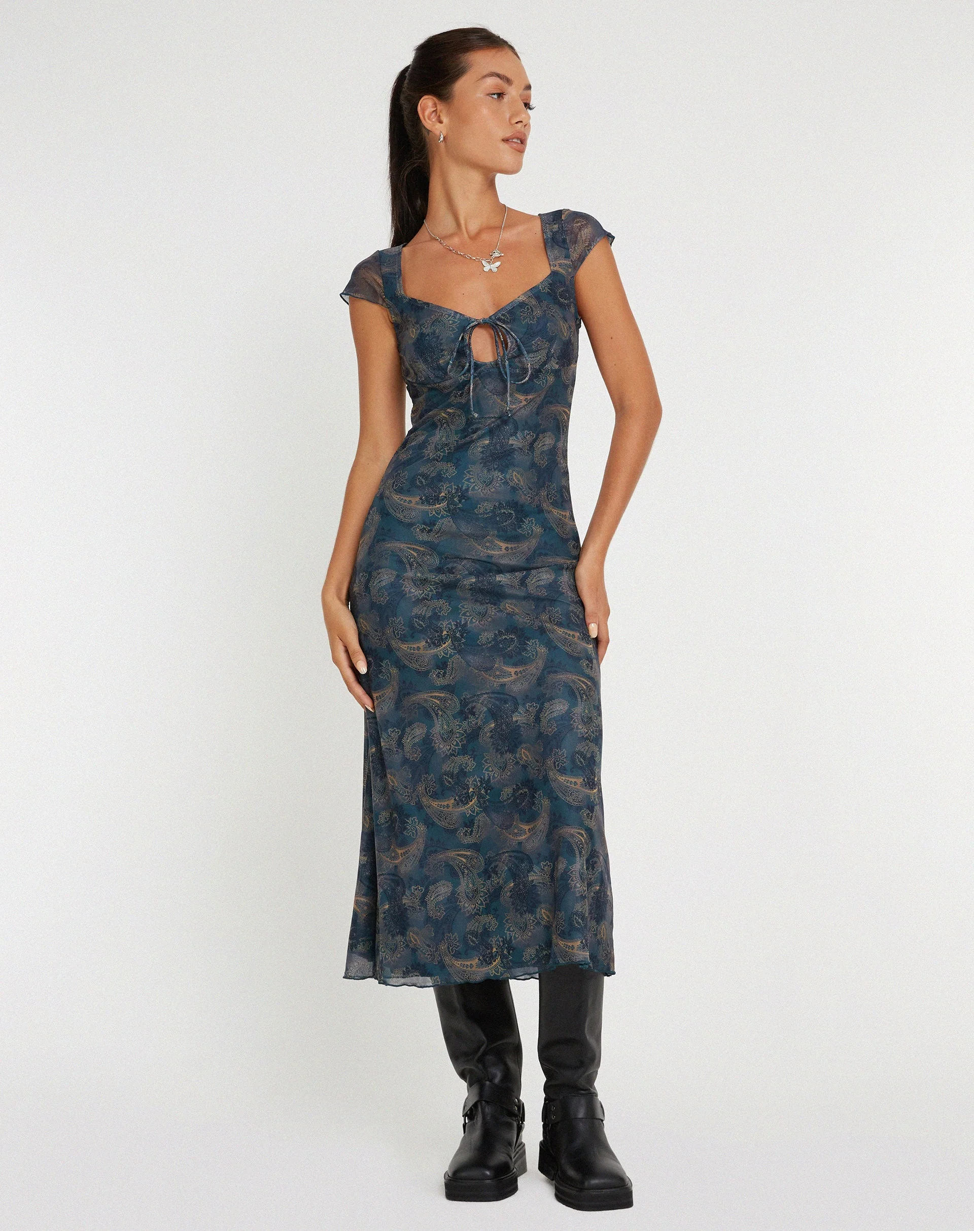 Lunama Midikleid aus Mesh in Blau mit Paisley-Muster - Image 3
