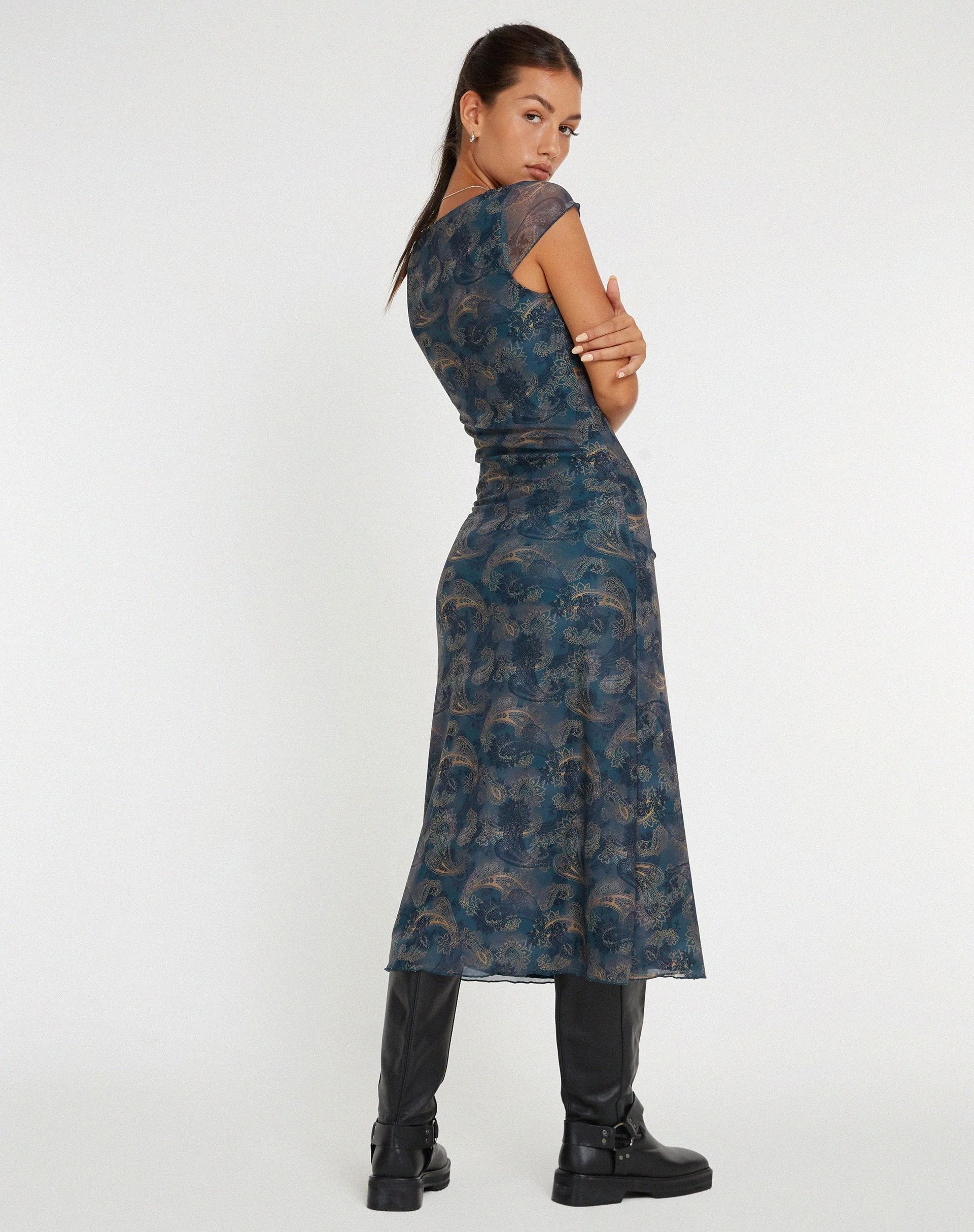 Lunama Midikleid aus Mesh in Blau mit Paisley-Muster - Image 4