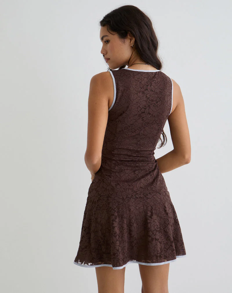 Luscian Minikleid aus schokoladenfarbener Spitze mit blauer Borte - Image 5