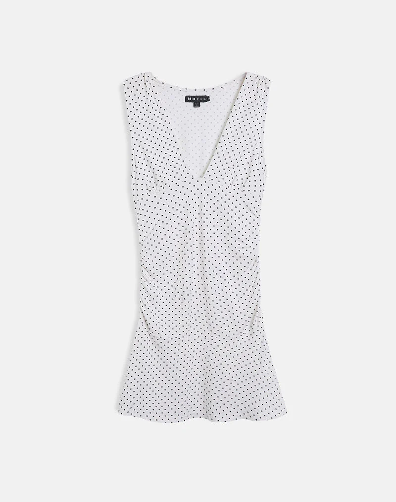 Luscian Plunge Mini Dress in Weiß mit Micro Polka Schwarz - Image 2
