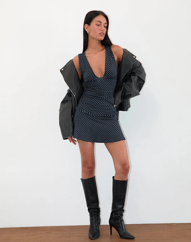 Luscian Mini-Kleid mit tiefem Rückenausschnitt in Micro Polka Navy - Image 3