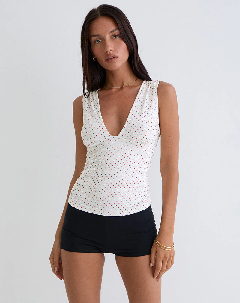 Lycia Top in Weiß mit rotem Mikro-Polka-Druck - Image 2