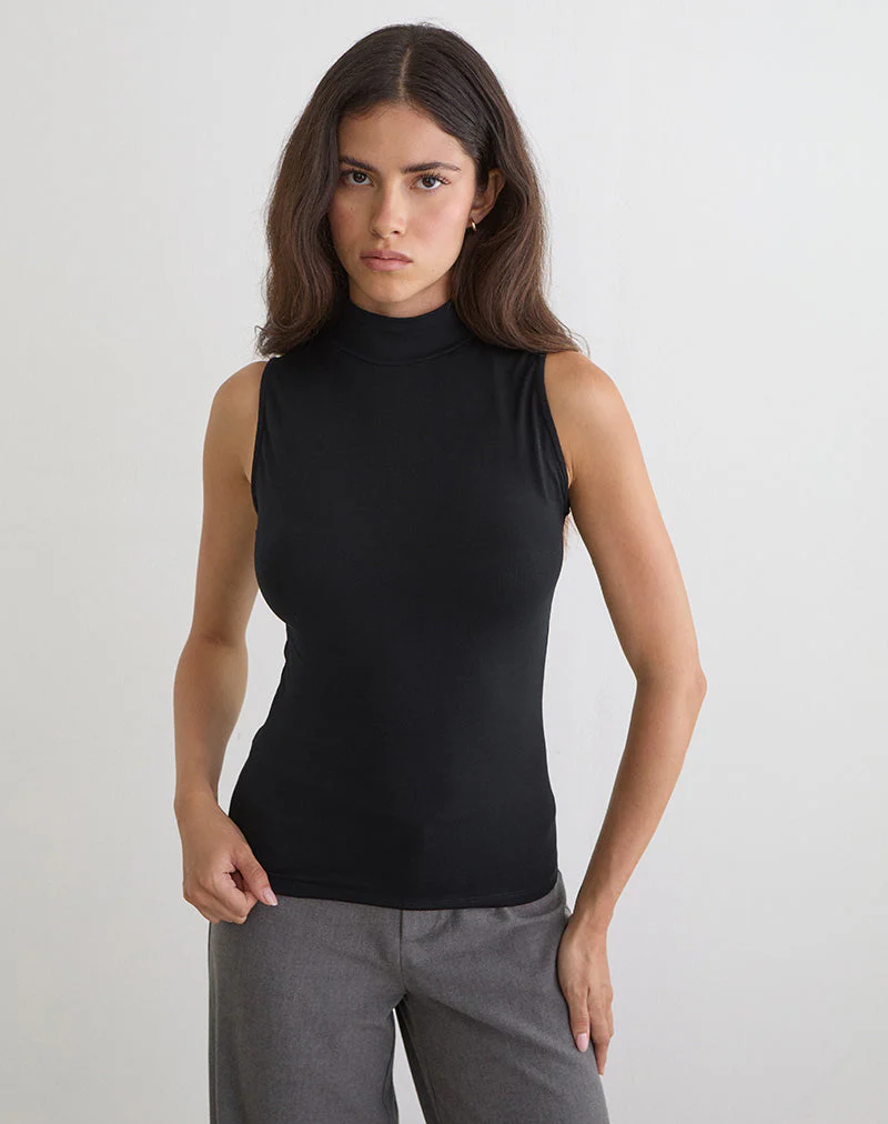 Lysan High Neck Vest Top in Jersey Black - Image 3