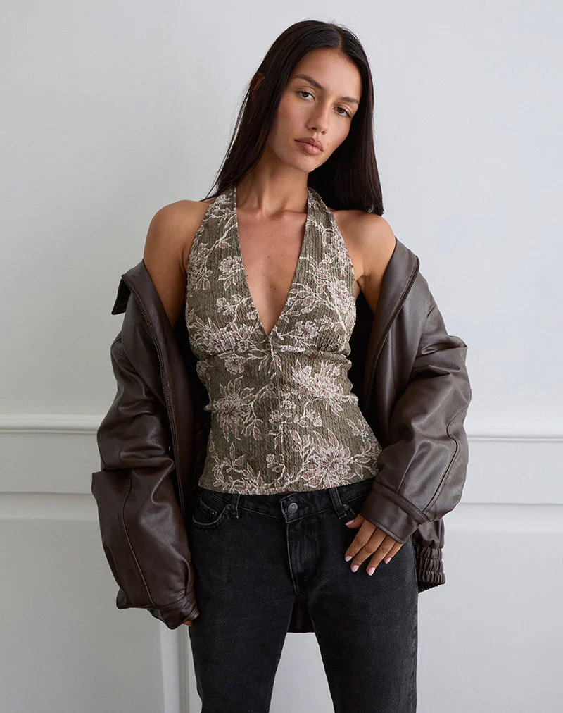 Mabli Neckholder-Top aus strukturiertem, gewebtem Floralgrün