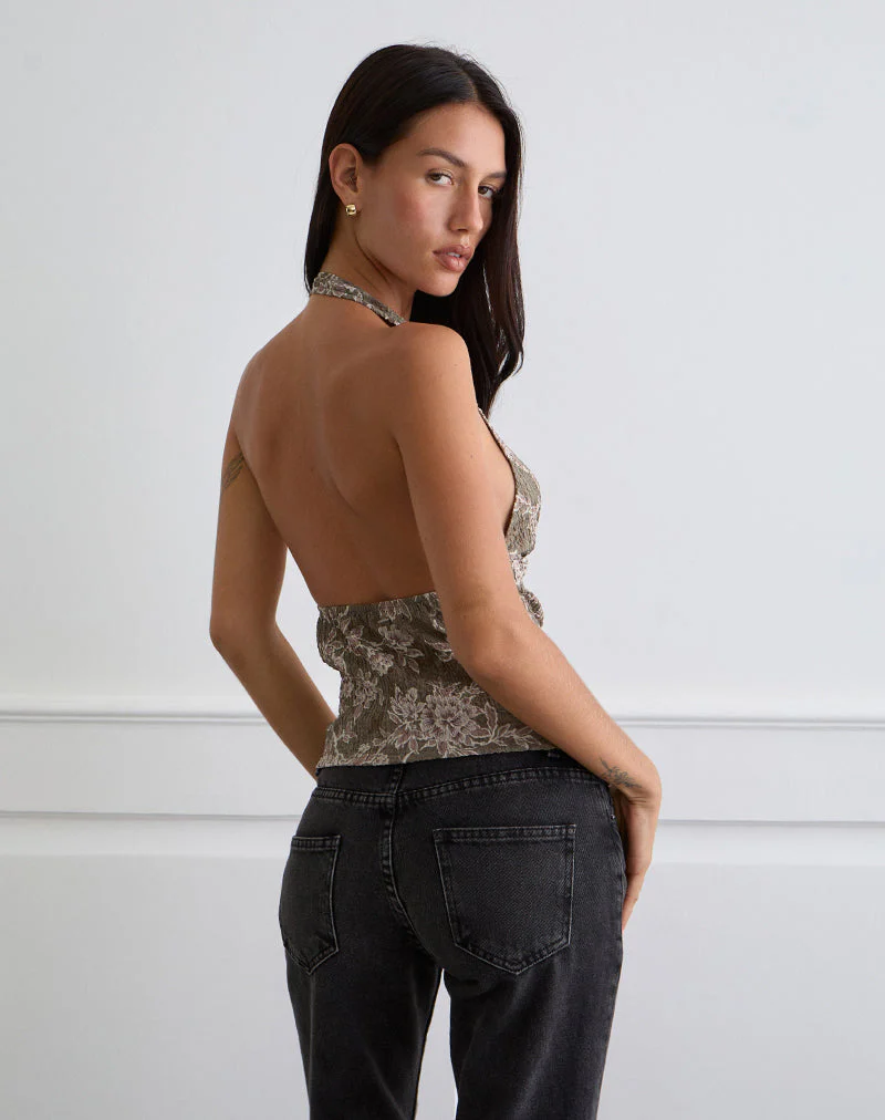 Mabli Neckholder-Top aus strukturiertem, gewebtem Floralgrün - Image 5