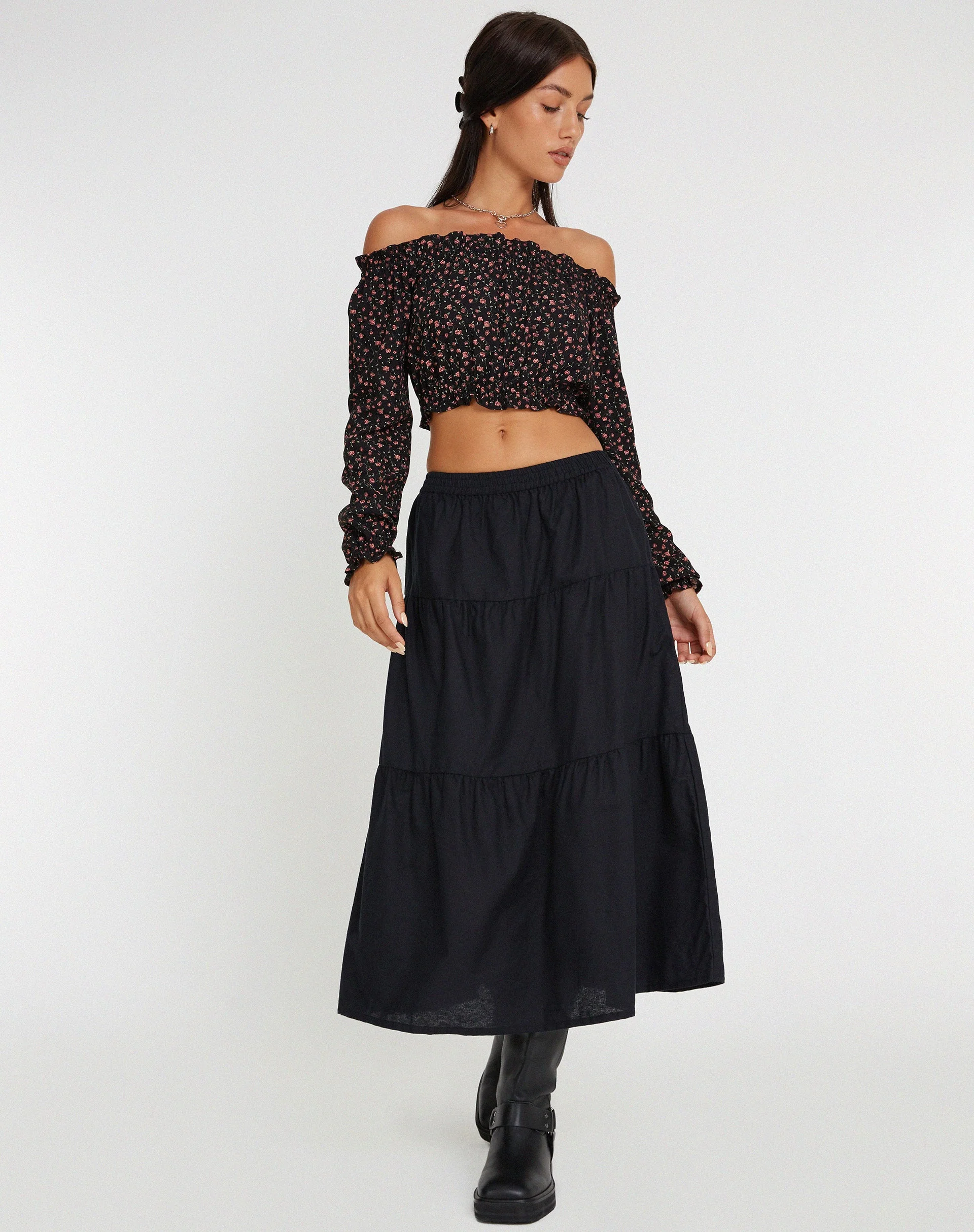 Madley Langärmeliges Bardot-Top in Dunkelrosa Rosa Schwarz - Image 3