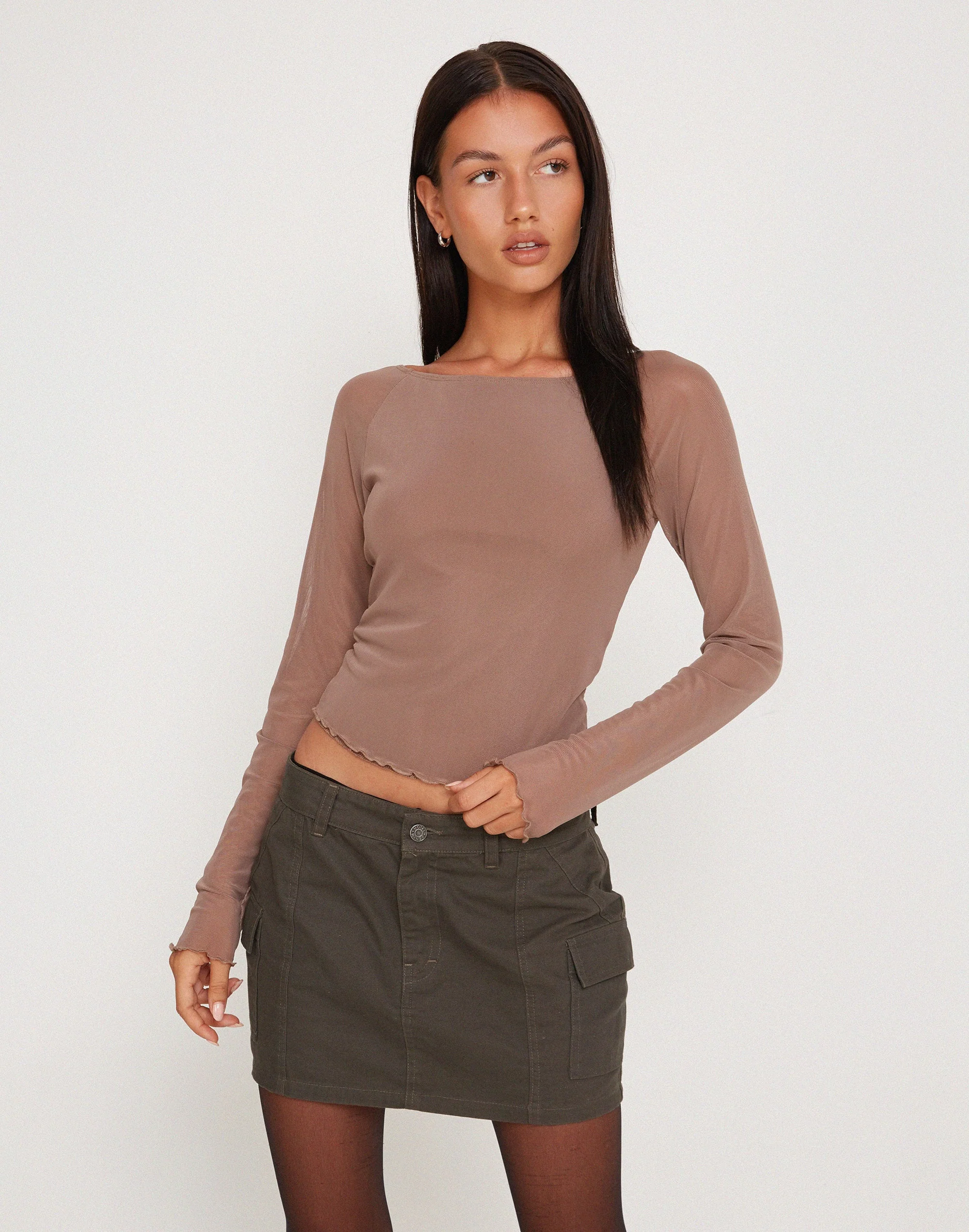 Mahira Langärmeliges Mesh-Top in Hellbraun