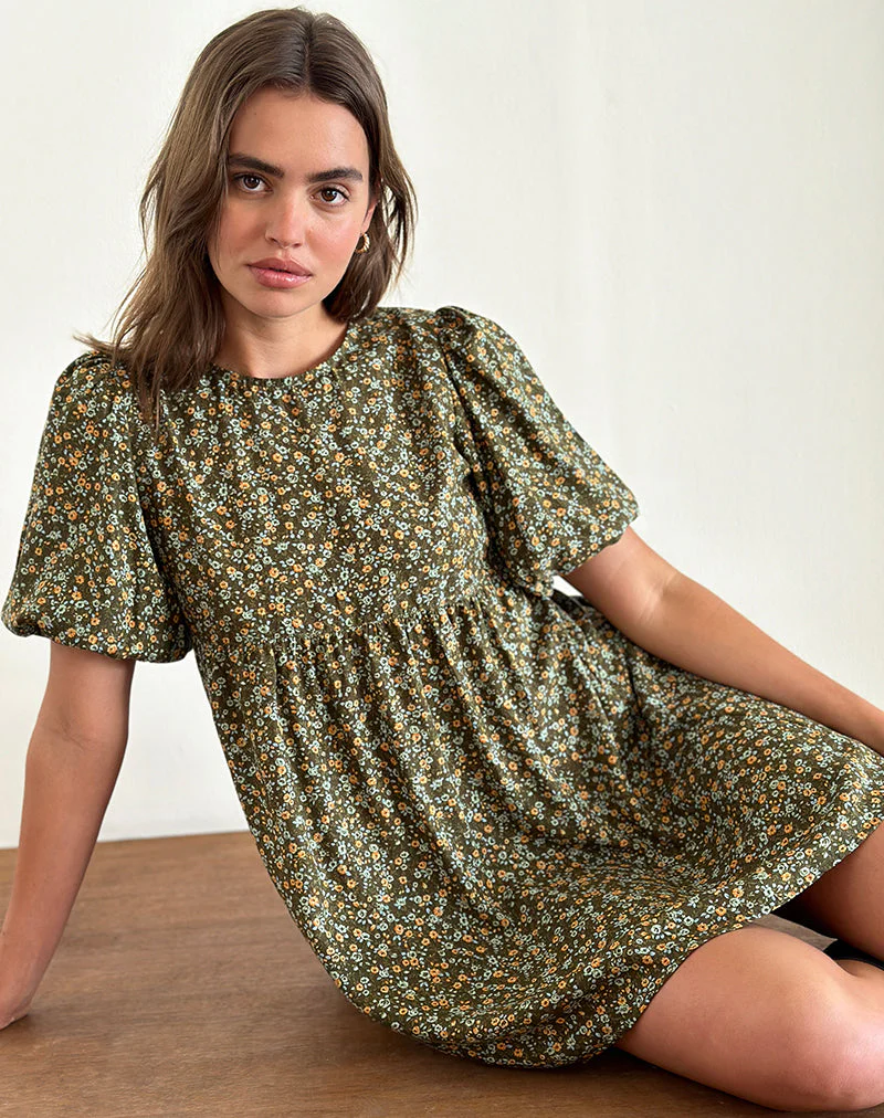 Marate Minikleid mit Puffärmeln in Grunge Floral Khaki - Image 2