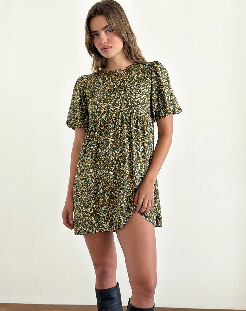 Marate Minikleid mit Puffärmeln in Grunge Floral Khaki - Image 3