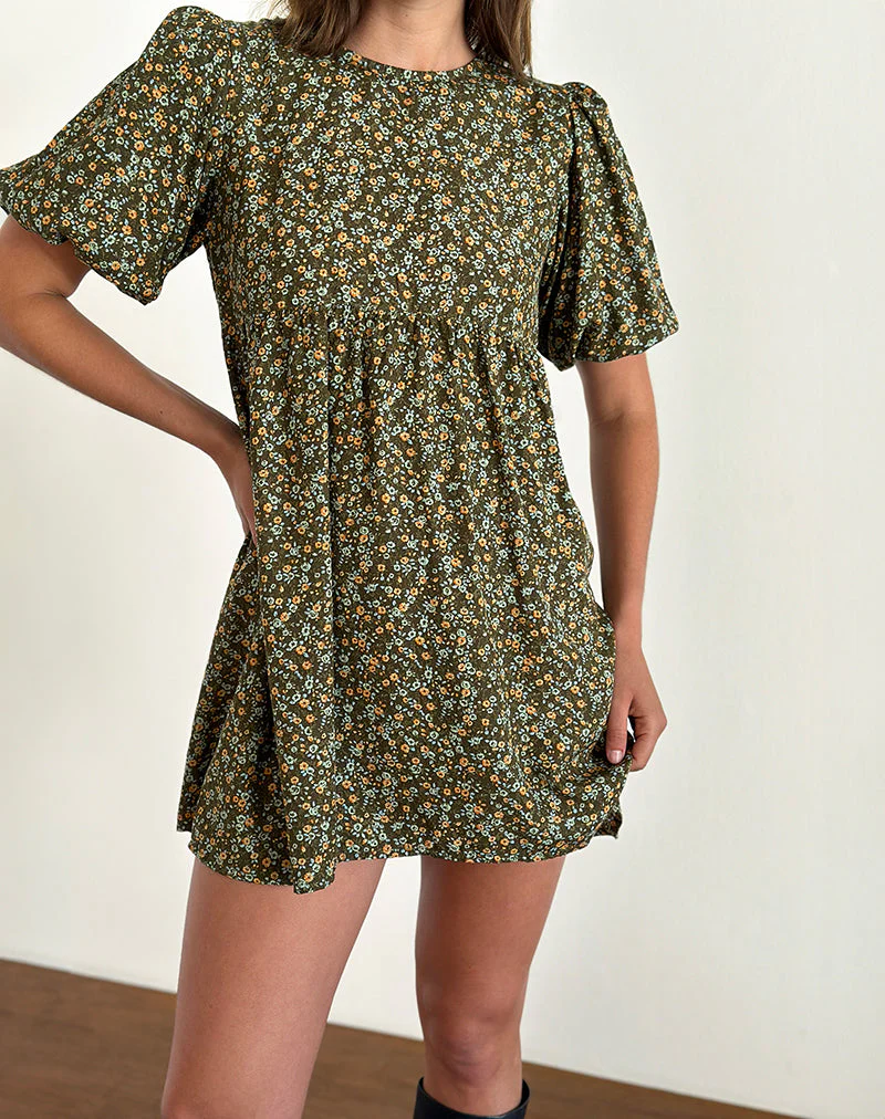 Marate Minikleid mit Puffärmeln in Grunge Floral Khaki - Image 4