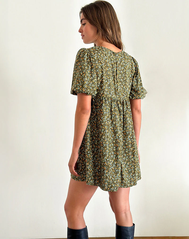 Marate Minikleid mit Puffärmeln in Grunge Floral Khaki - Image 5