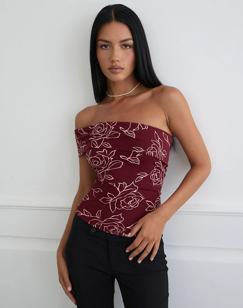 Marga One-Shoulder-Top in Outline Rose Maroon - Image 2
