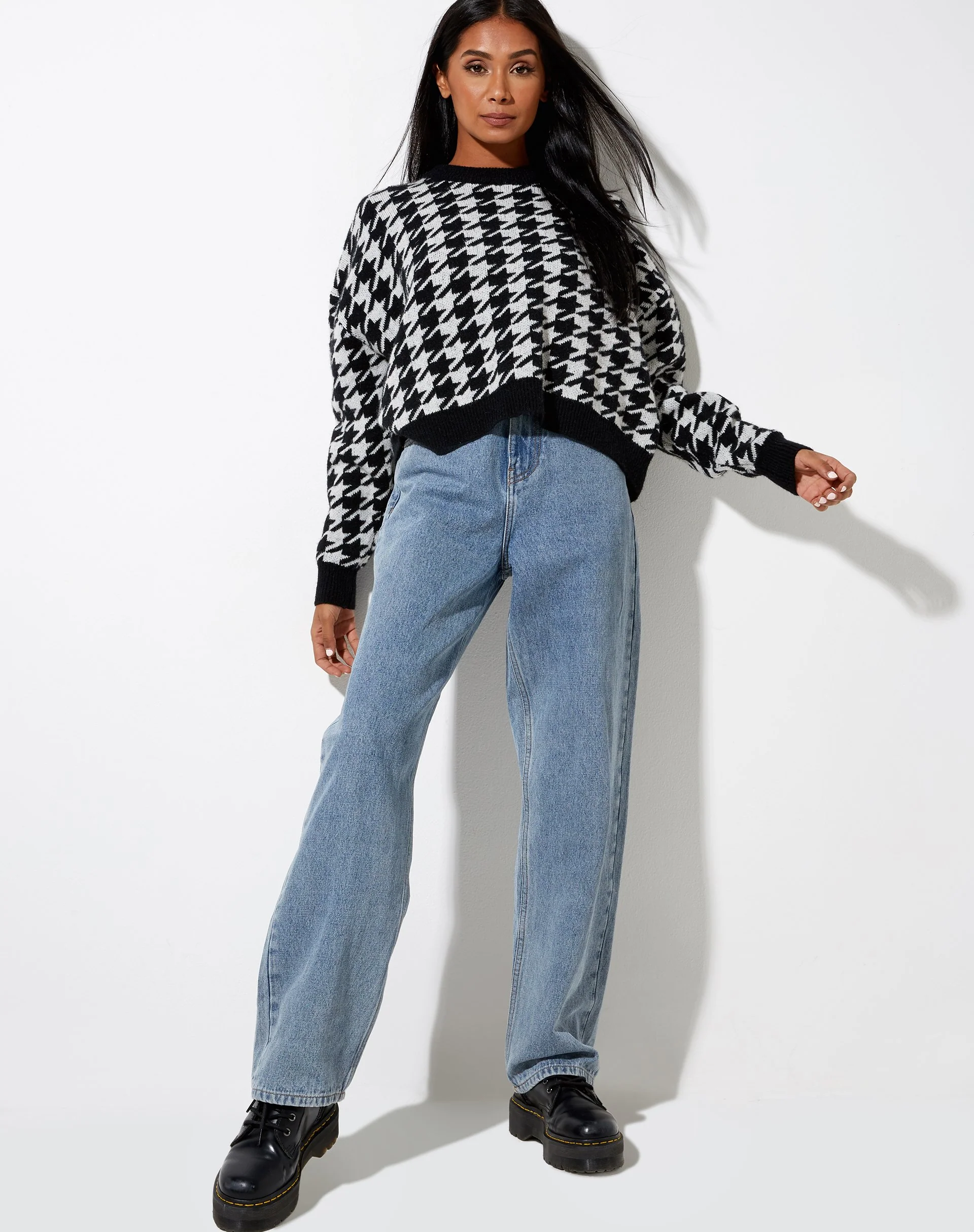 Margo Pullover aus gestricktem Hahnentritt Schwarz und Elfenbein - Image 3