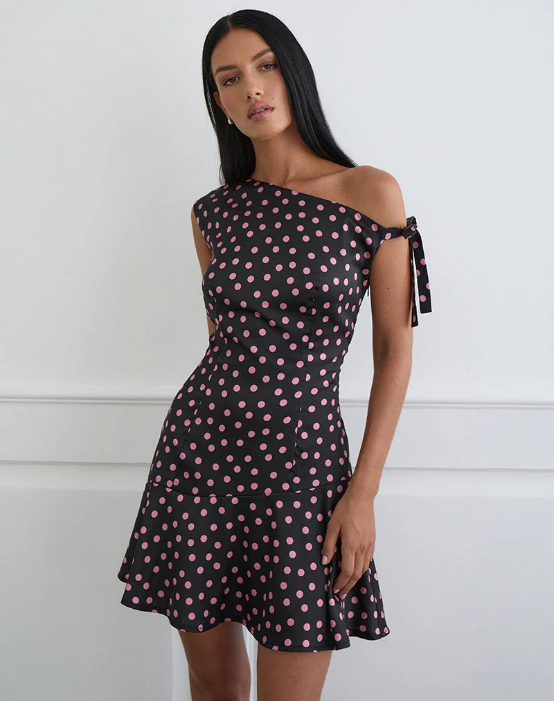 Maribel Minikleid aus schwarzem Satin mit rosa Polka-Punkten - Image 2