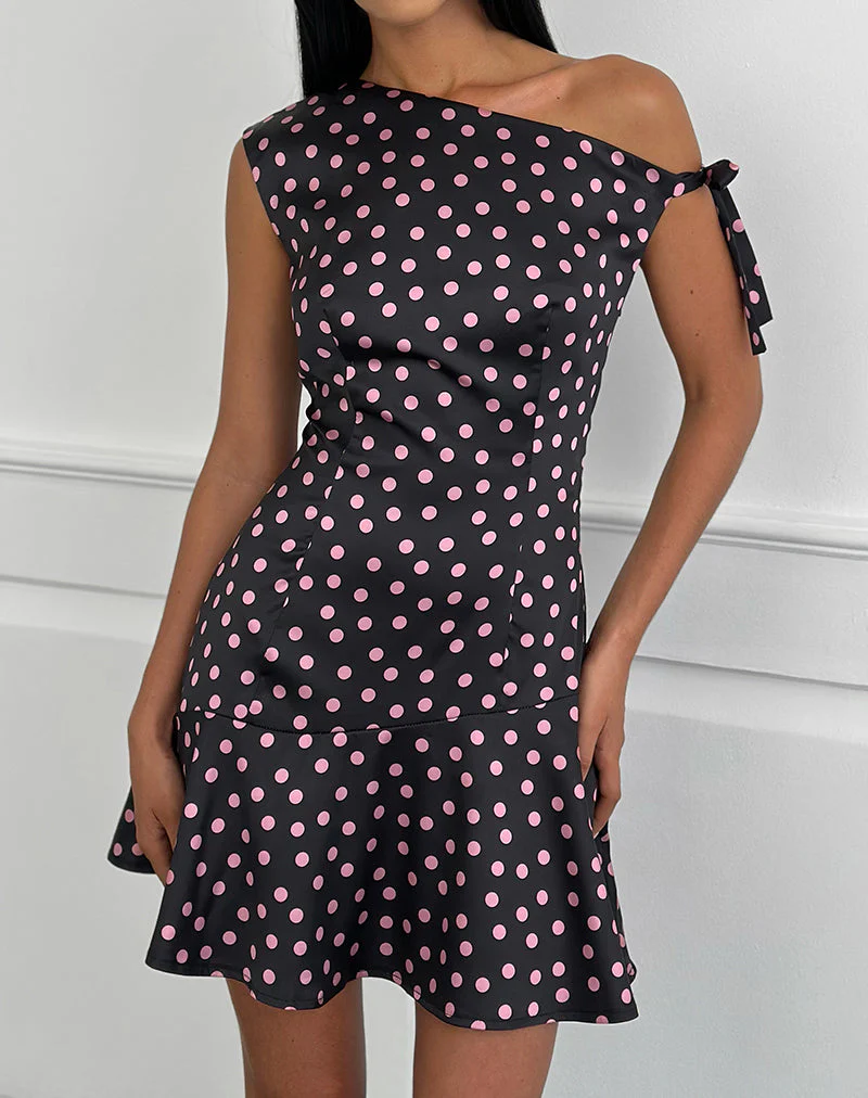 Maribel Minikleid aus schwarzem Satin mit rosa Polka-Punkten - Image 3