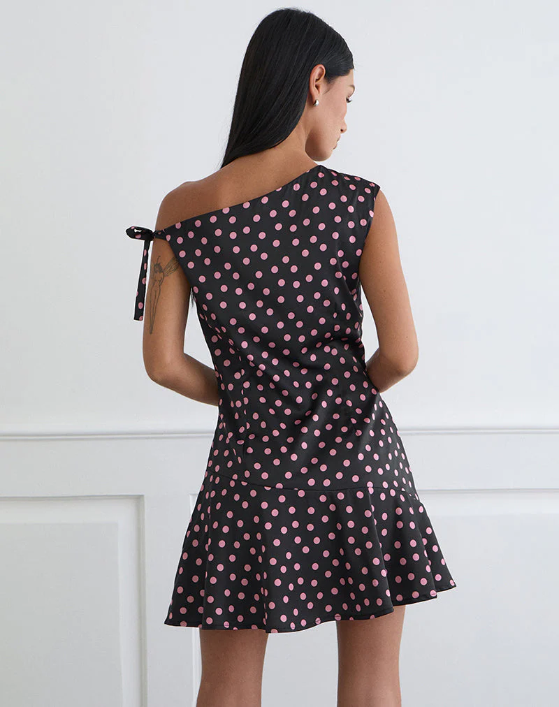 Maribel Minikleid aus schwarzem Satin mit rosa Polka-Punkten - Image 4