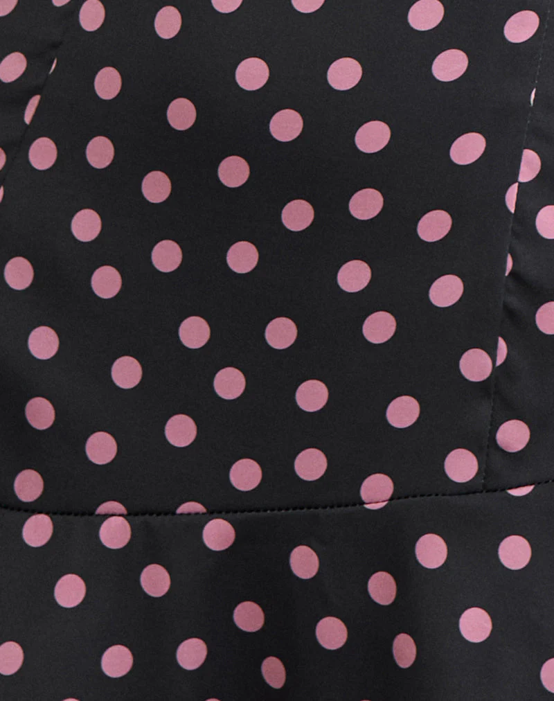 Maribel Minikleid aus schwarzem Satin mit rosa Polka-Punkten - Image 5