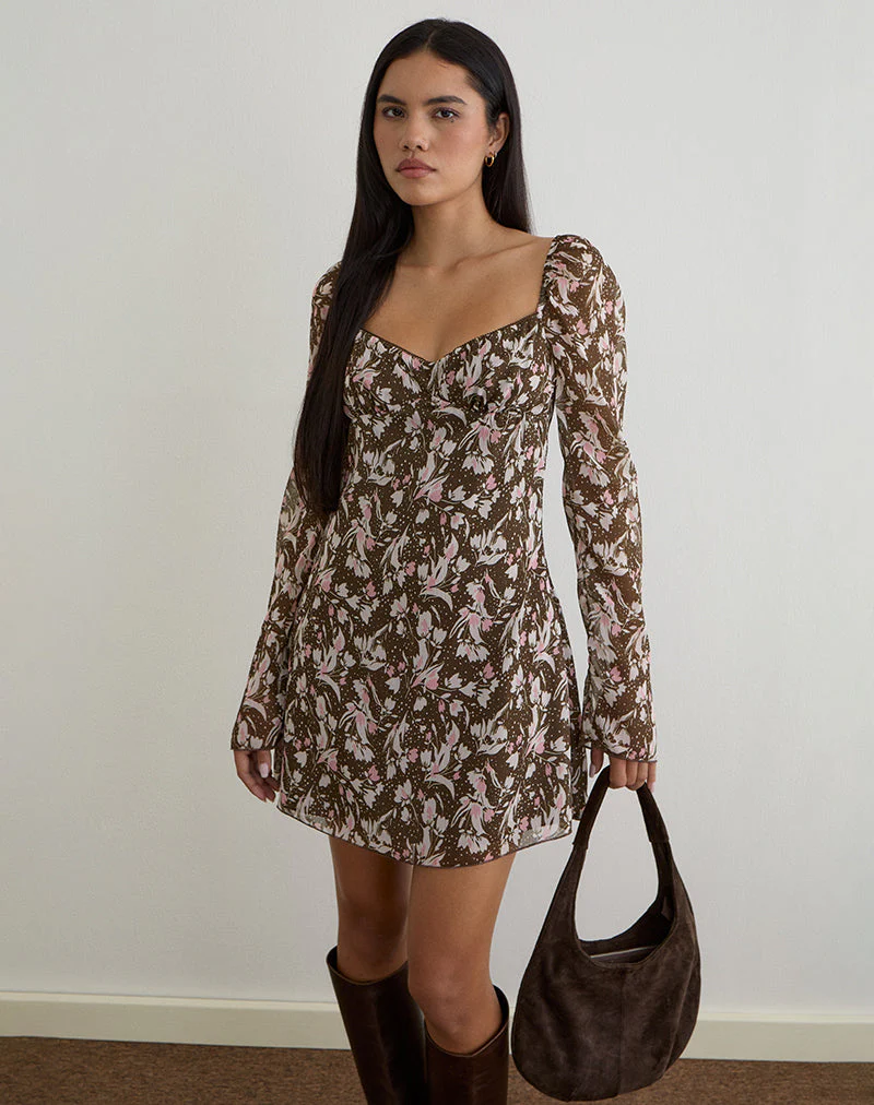 Mariko Kleid aus braunem und rosa Polka-Blumen-Chiffon - Image 2