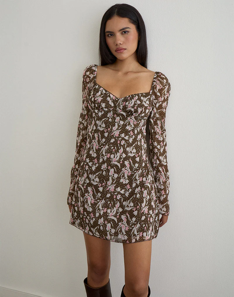 Mariko Kleid aus braunem und rosa Polka-Blumen-Chiffon - Image 3