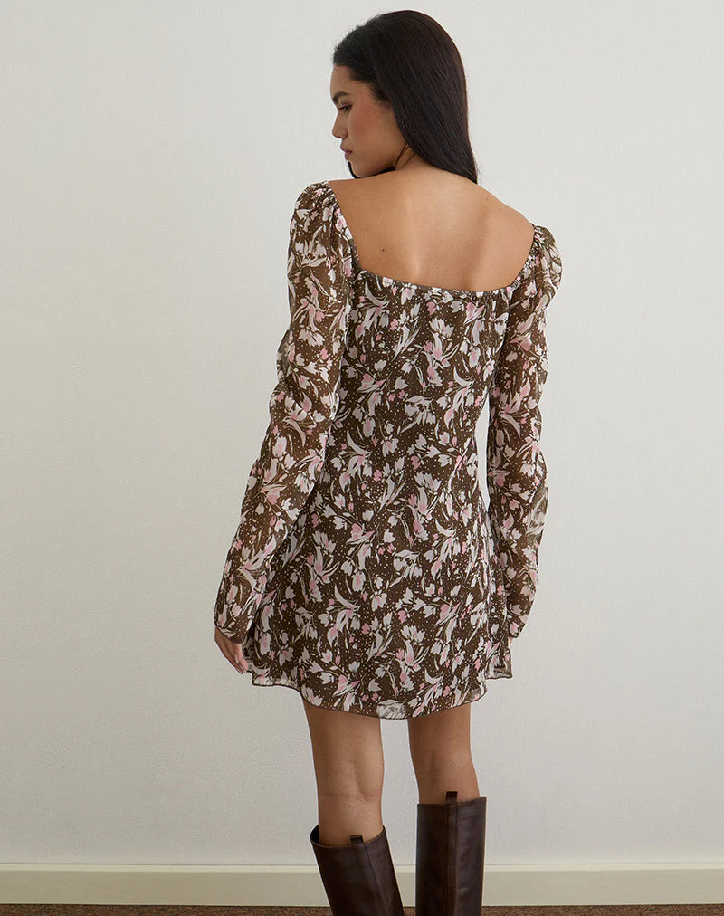 Mariko Kleid aus braunem und rosa Polka-Blumen-Chiffon - Image 4