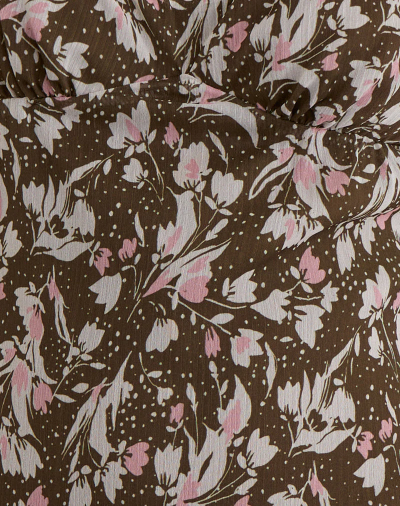 Mariko Kleid aus braunem und rosa Polka-Blumen-Chiffon - Image 5