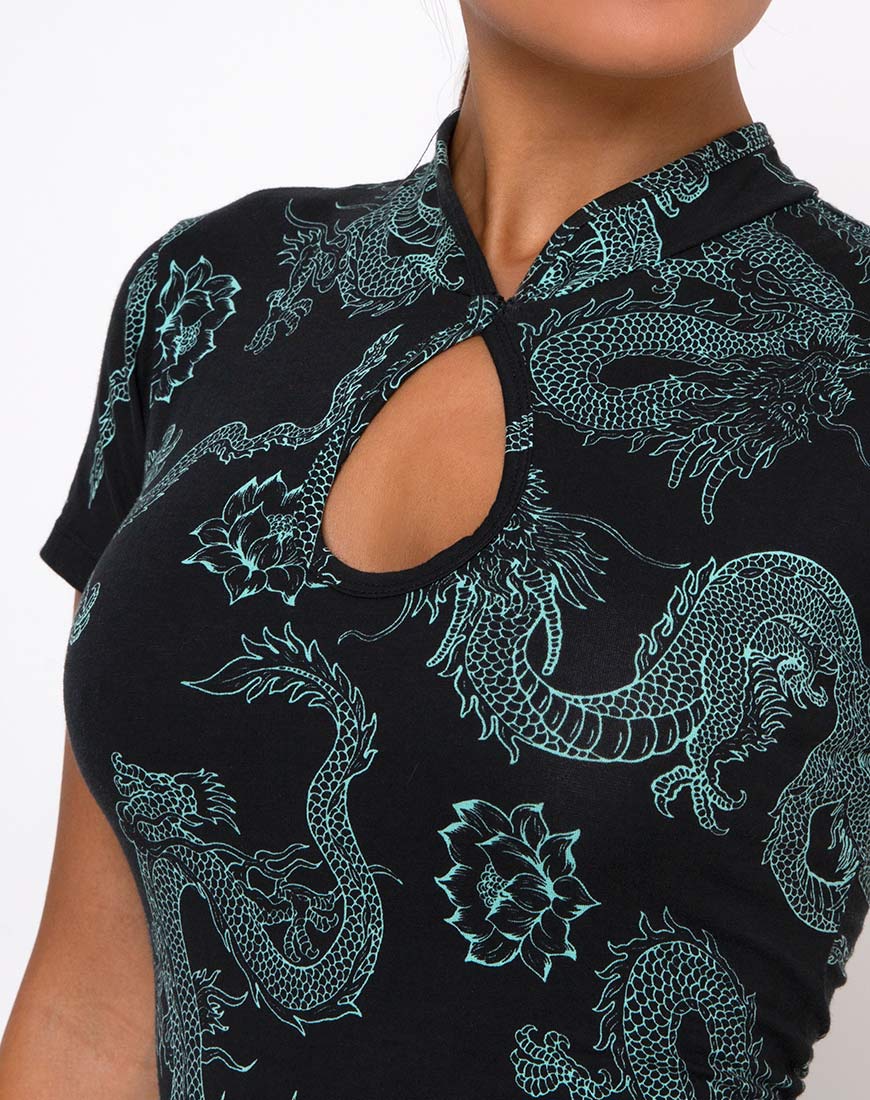 Marlin Bodycon Kleid in Drachenblume Schwarz und Mint - Image 9