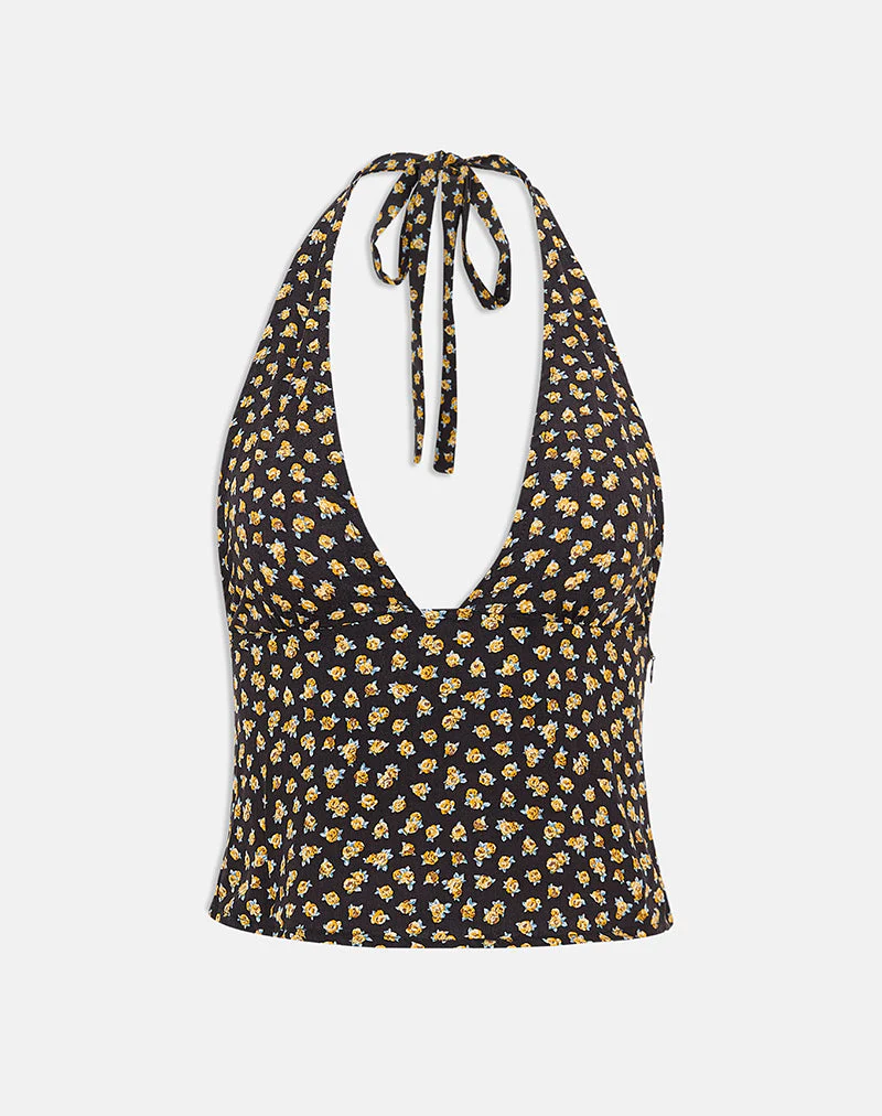 Marsina Halterneck Top in Ditsy Floral Bronze - Image 3