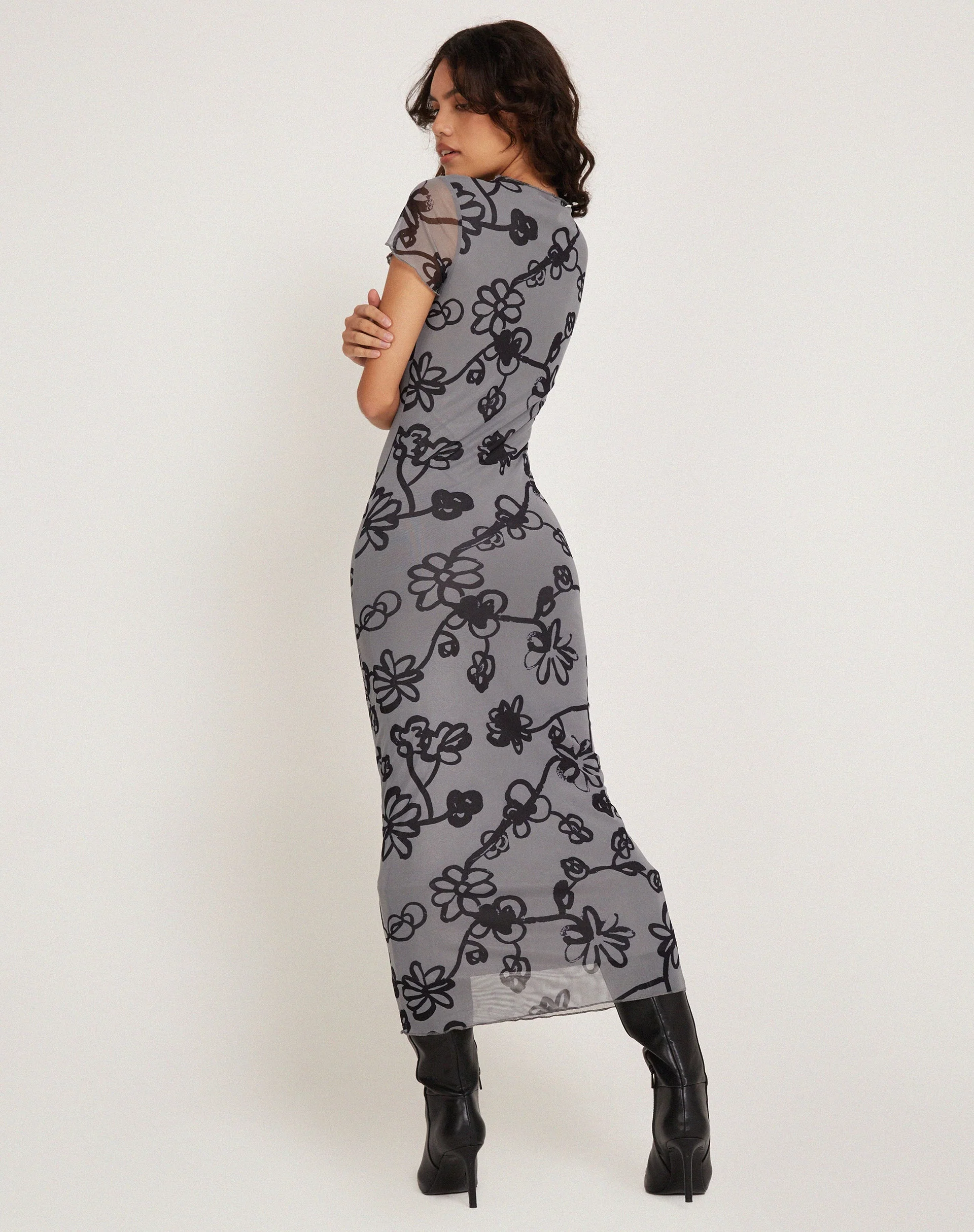 Maruza Midikleid aus Mesh Doodle Flower Grau - Image 4