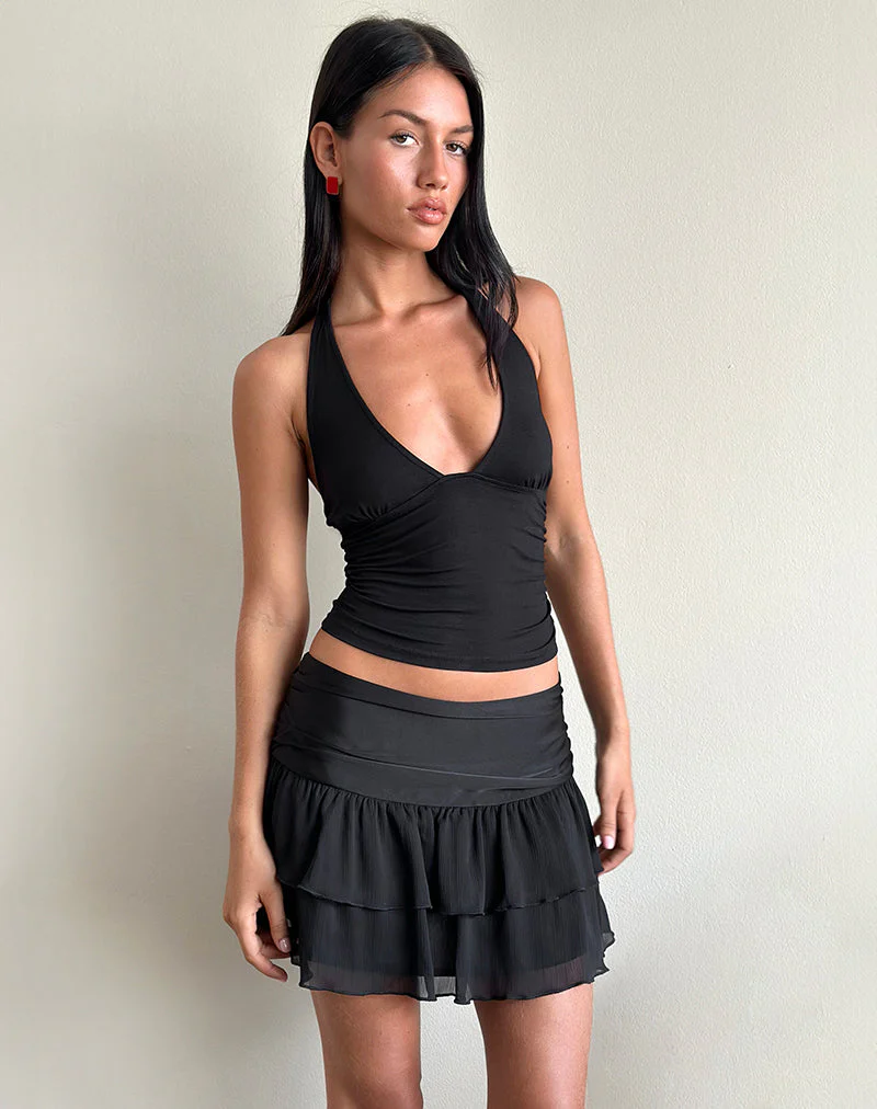 Masama Rüschenminirock aus schwarzem Satin und Chiffon