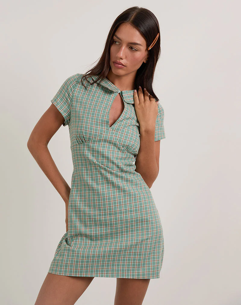 Medora Minikleid mit Schlüsselloch in Teal Check - Image 2