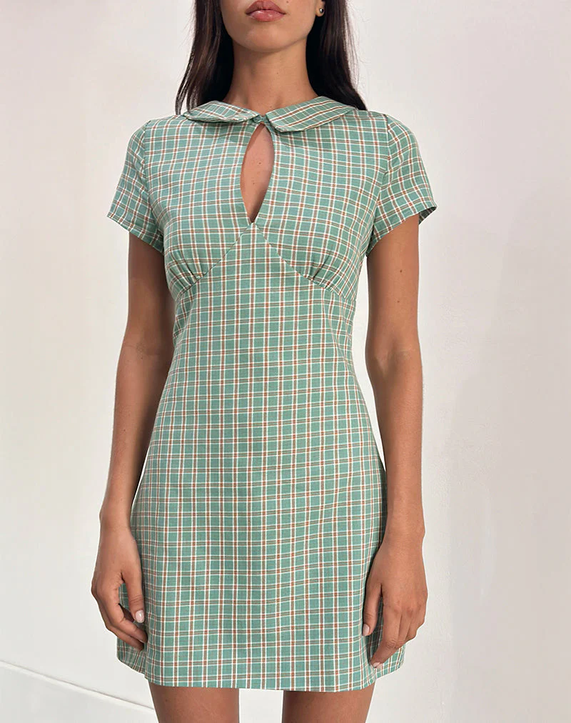 Medora Minikleid mit Schlüsselloch in Teal Check - Image 3