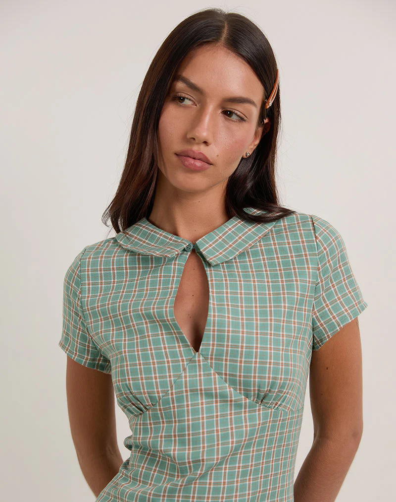 Medora Minikleid mit Schlüsselloch in Teal Check - Image 4