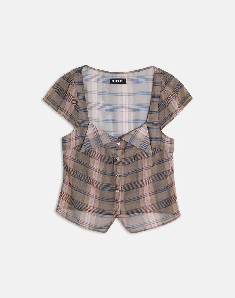 Meraki Bluse in Braun und Rosa mit verschwommenem Karomuster - Image 3