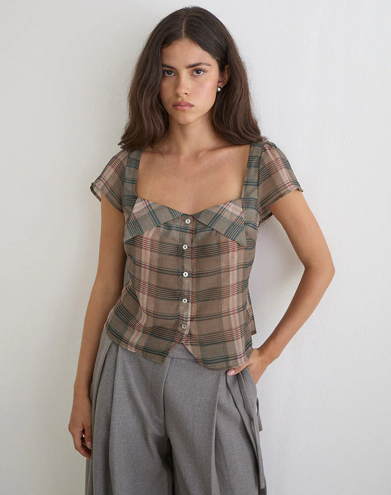 Meraki Bluse in Braun und Rosa mit verschwommenem Karomuster - Image 4