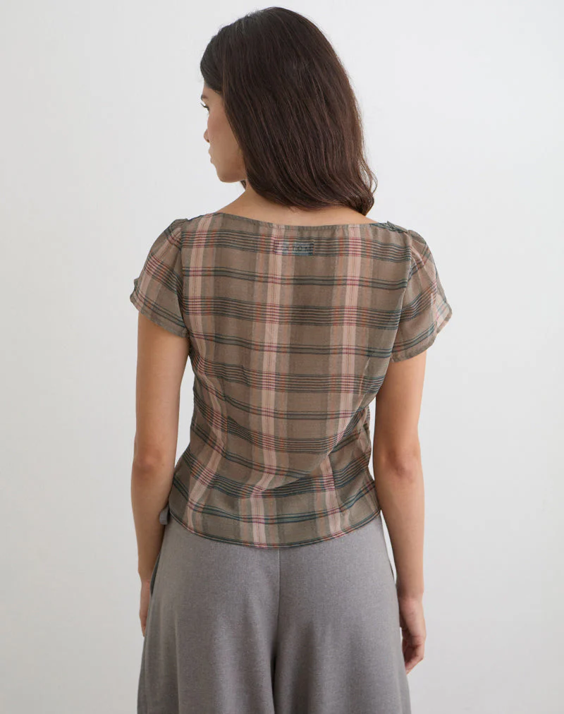 Meraki Bluse in Braun und Rosa mit verschwommenem Karomuster - Image 5
