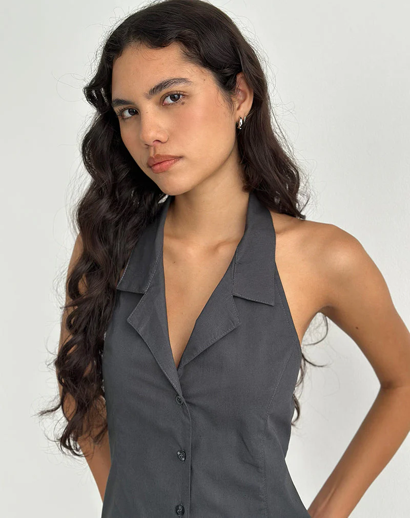 Mikanu Button Down Neckholder Bluse in Anthrazit - Image 4
