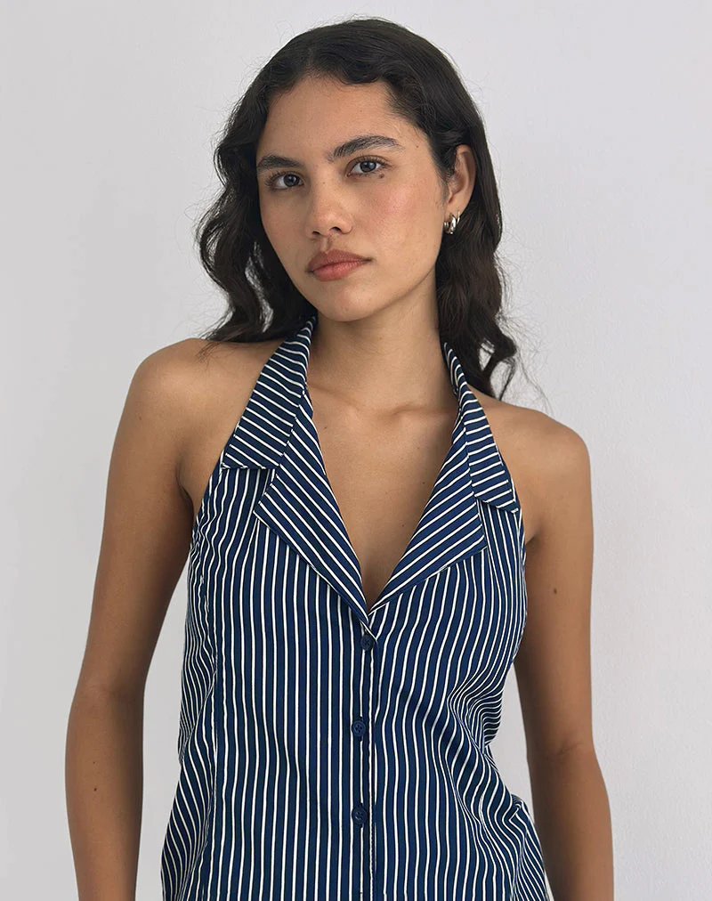 Mikanu Neckholder-Bluse in Nadelstreifen Navy - Image 4