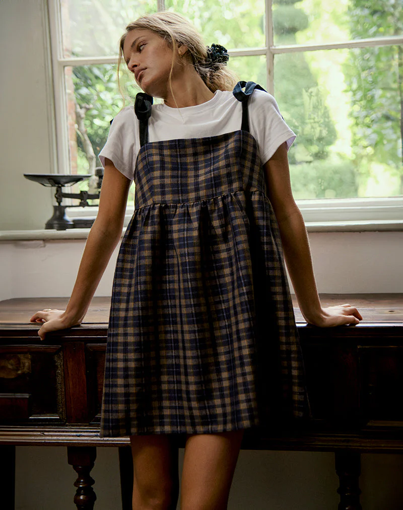 Mikayla Minikleid mit quadratischem Ausschnitt in Navy und Senfkaro
