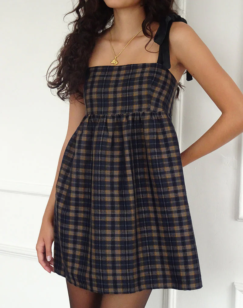 Mikayla Minikleid mit quadratischem Ausschnitt in Navy und Senfkaro - Image 2