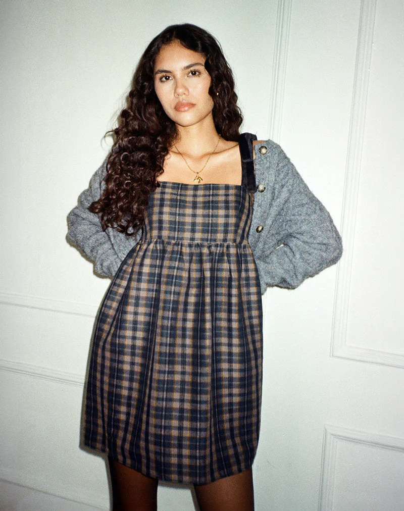 Mikayla Minikleid mit quadratischem Ausschnitt in Navy und Senfkaro - Image 5