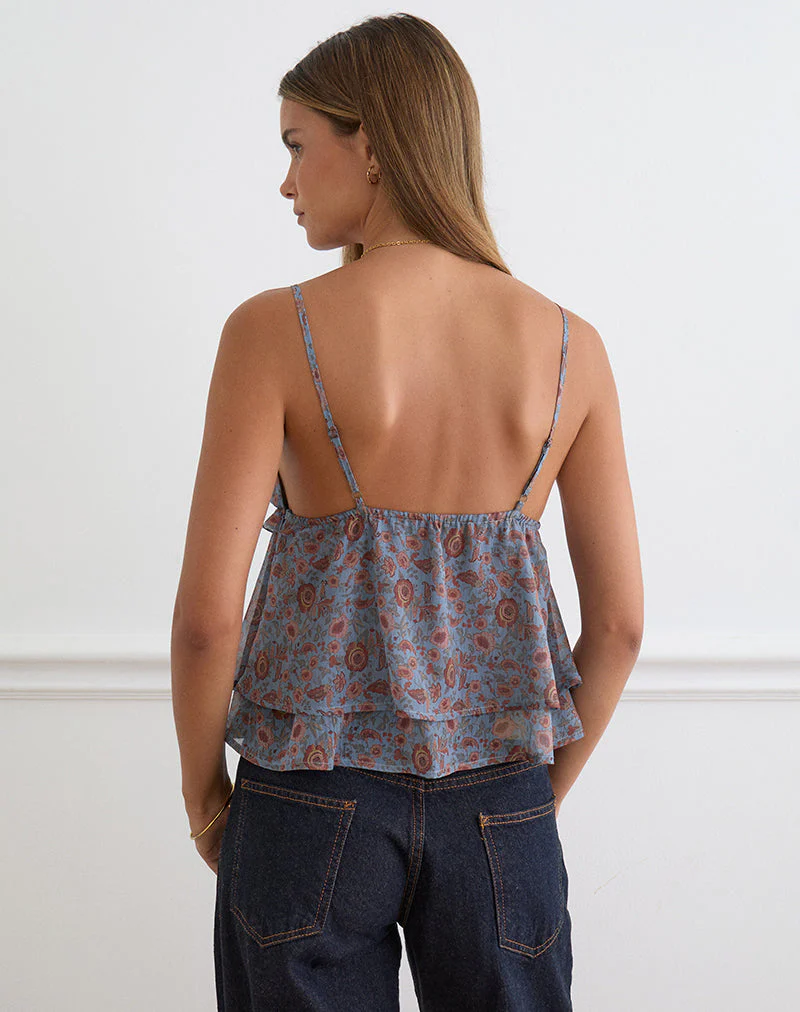 Millar Frill Top in Shadow Blossom Blue Chiffon - Image 4