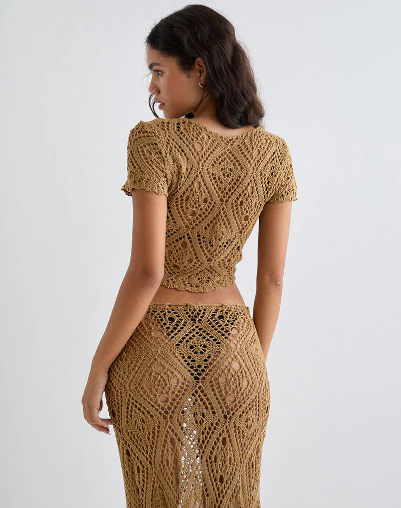 Mirea Grown On Sleeve Shrug Top in Crochet Camel - Image 5