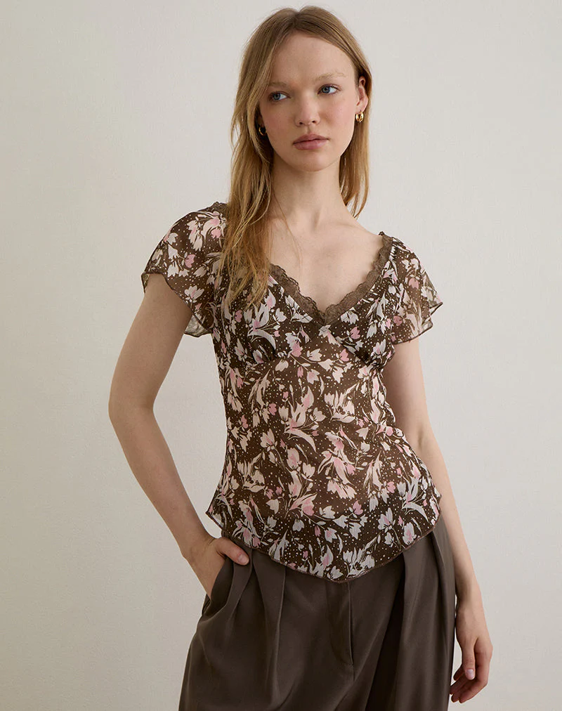 Misaki Top aus Chiffon Polka Flower Braun - Image 2