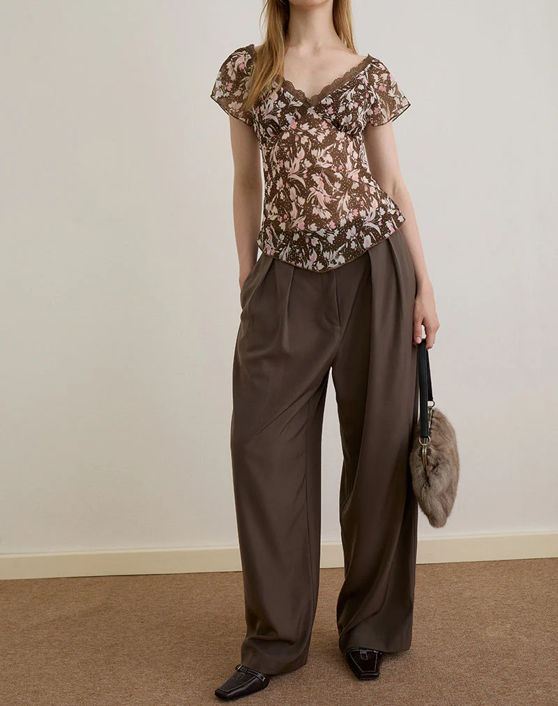 Misaki Top aus Chiffon Polka Flower Braun - Image 3
