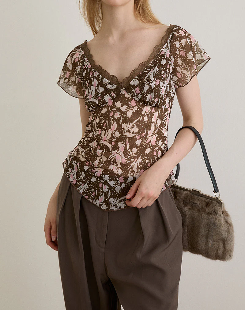 Misaki Top aus Chiffon Polka Flower Braun - Image 4