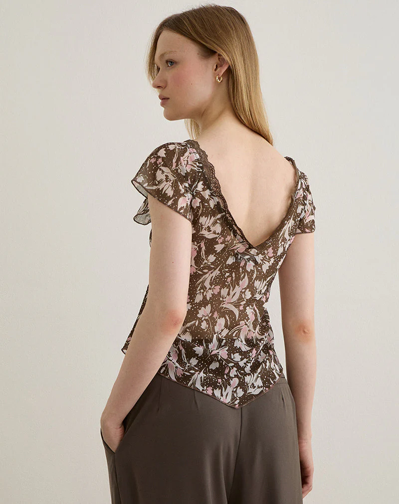 Misaki Top aus Chiffon Polka Flower Braun - Image 5